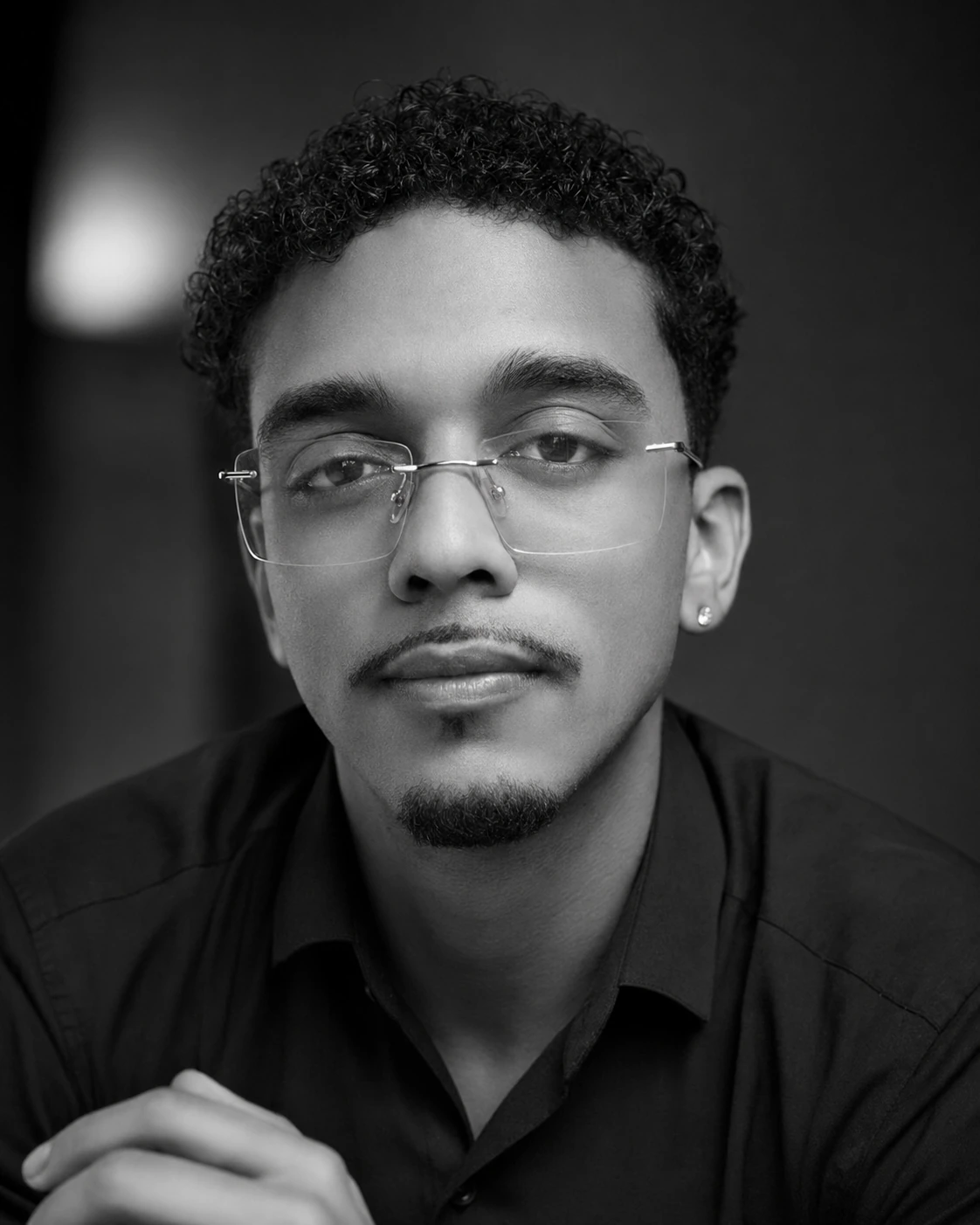Retrato em preto e branco de Andrey Soares, usando óculos e camisa preta.